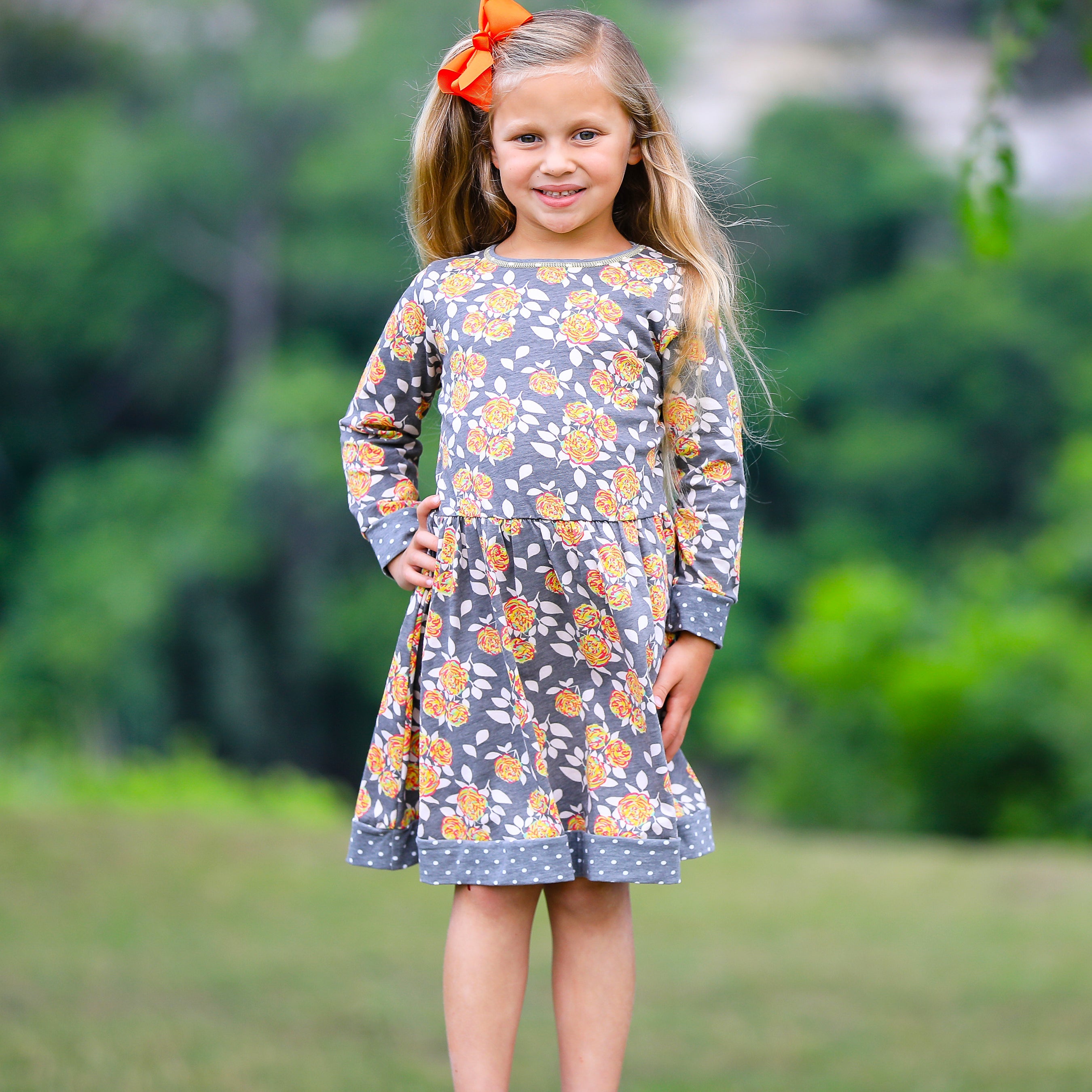 Annloren Girls Boutique Grey Peach Shabby Fall Floral Long Sleeve Cotton Dress