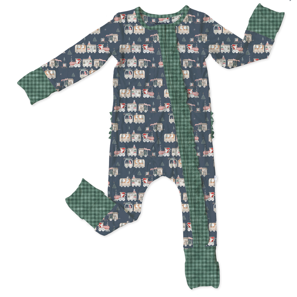 Christmas Trains Bamboo Ruffle Convertible Footie (pre-order)