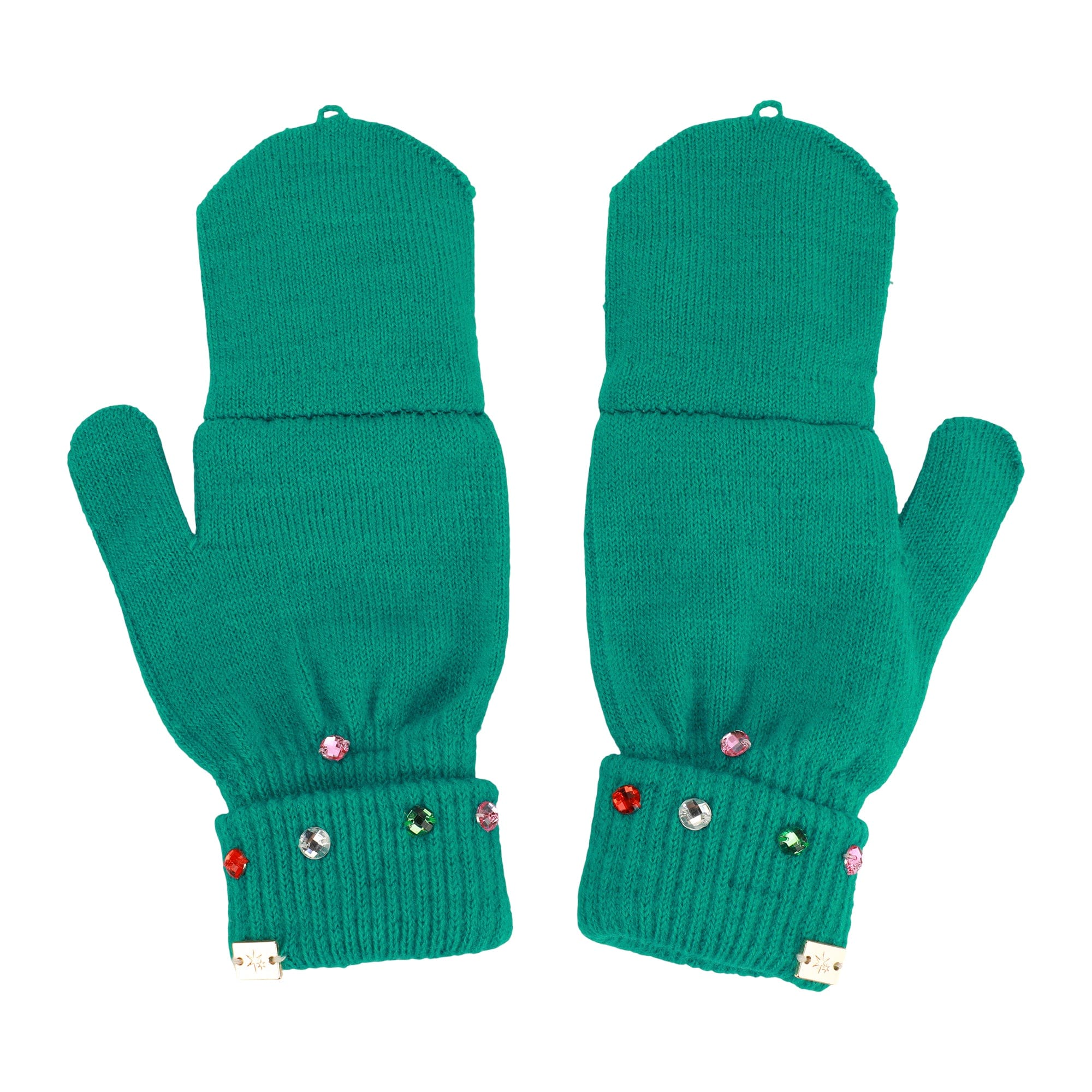 Emerald Knit Rhinestone Beanie And Mittens Set