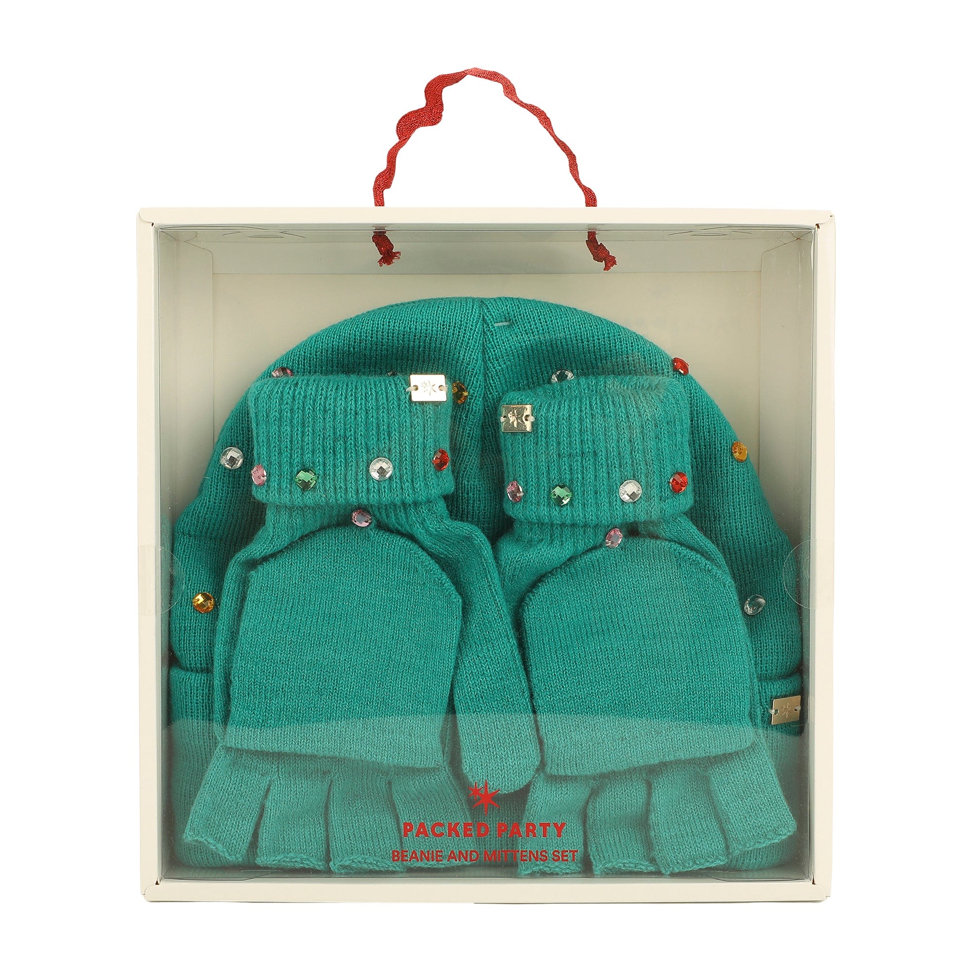 Emerald Knit Rhinestone Beanie And Mittens Set