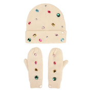 White Knit Rhinestone Beanie And Mittens Set