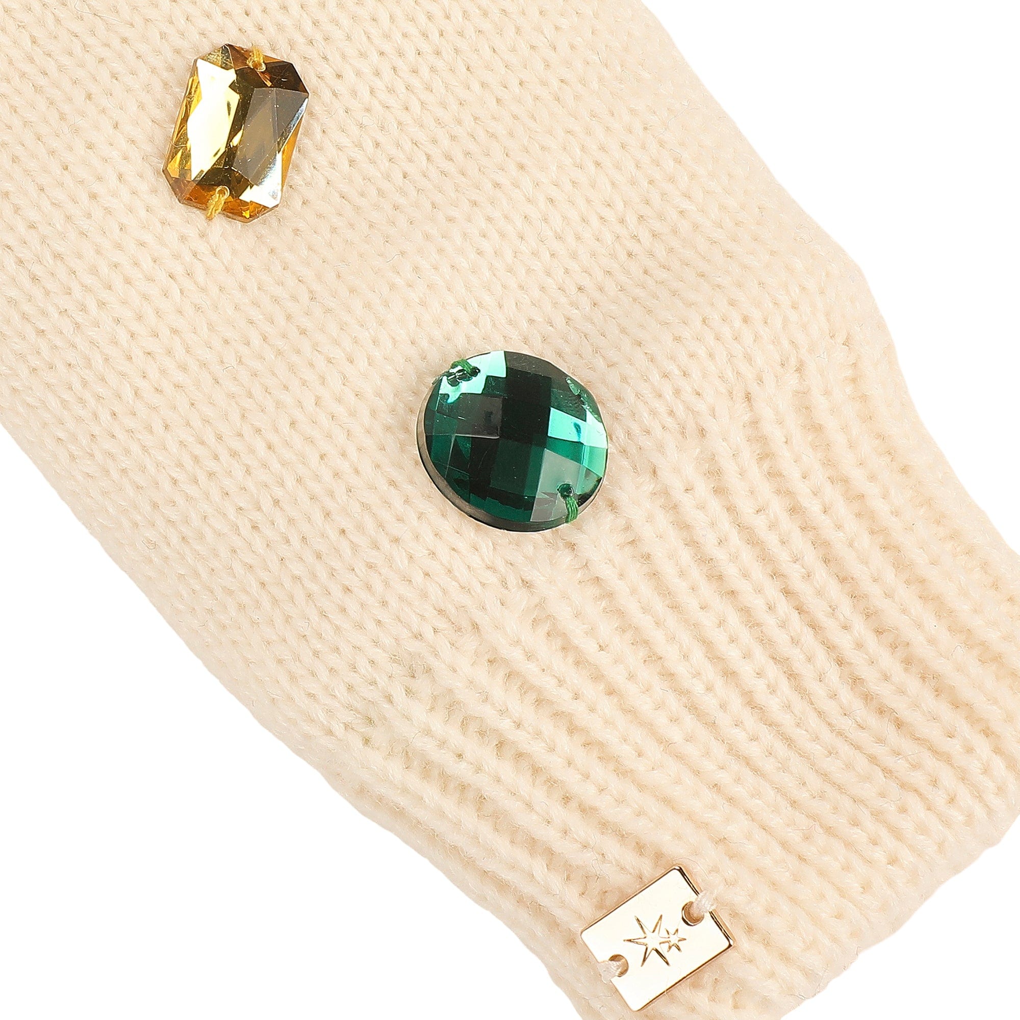 White Knit Rhinestone Beanie And Mittens Set