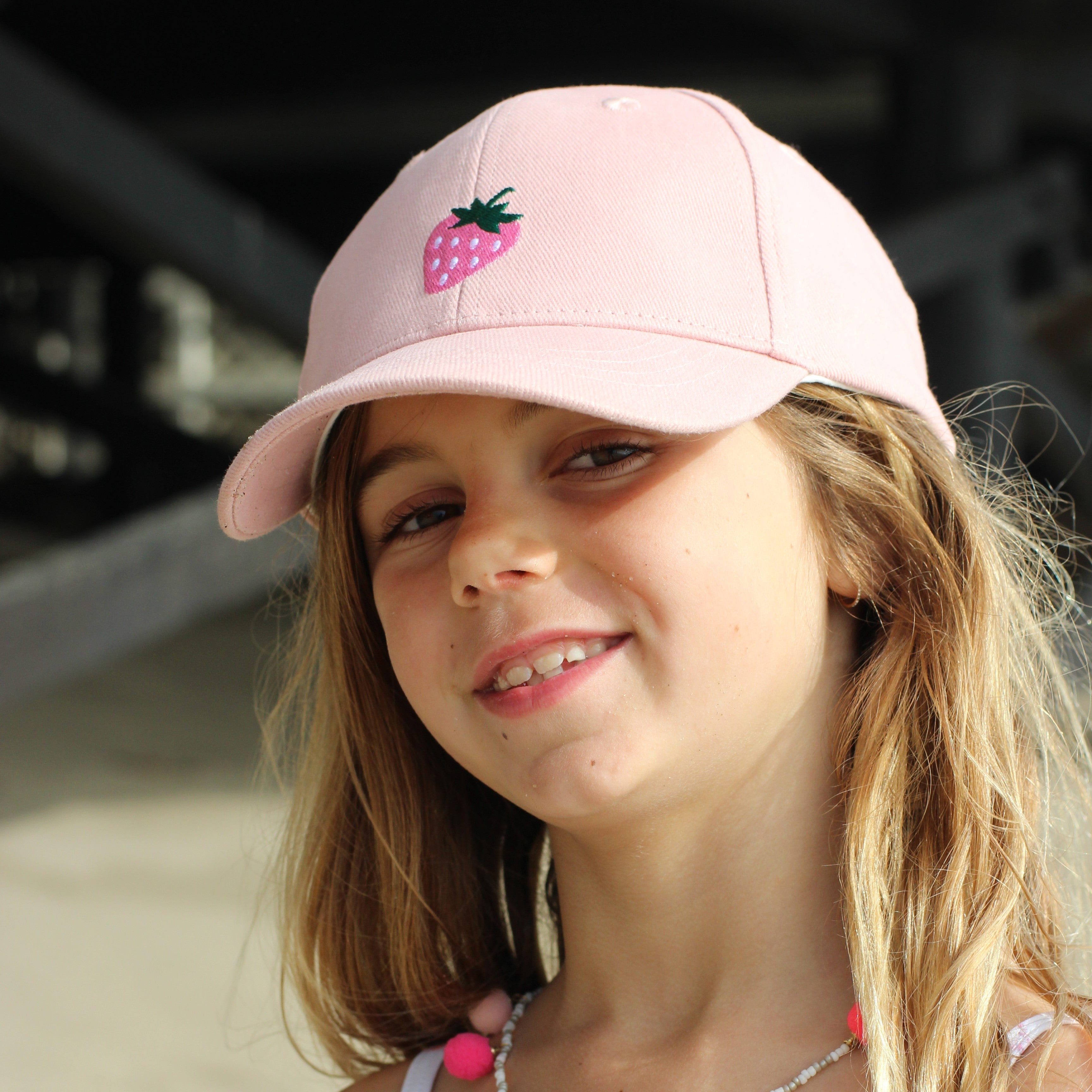 Girls Strawberry Baseball Hat, Pastel Pink, Cotton, Adjustable Sun Cap - All Ages - Baby To Youth