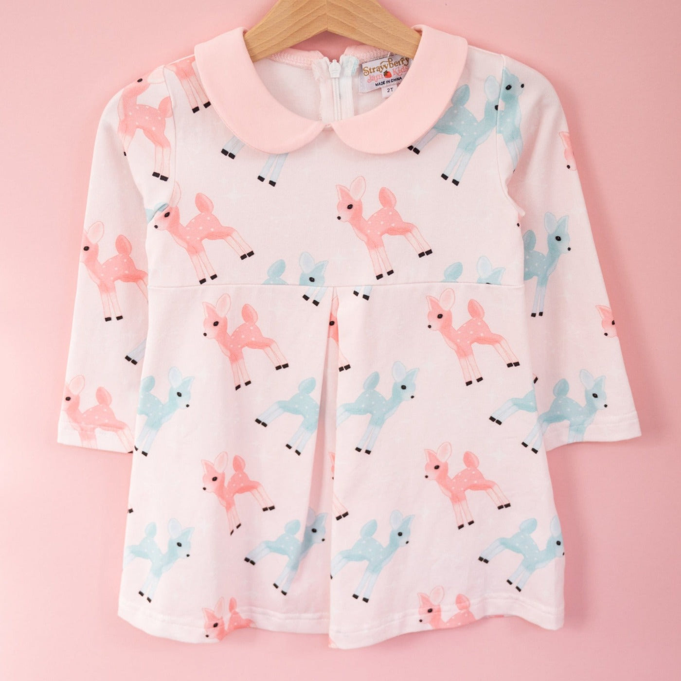 Retro Pink And Teal Deer Winter Peter Pan Collar Dress