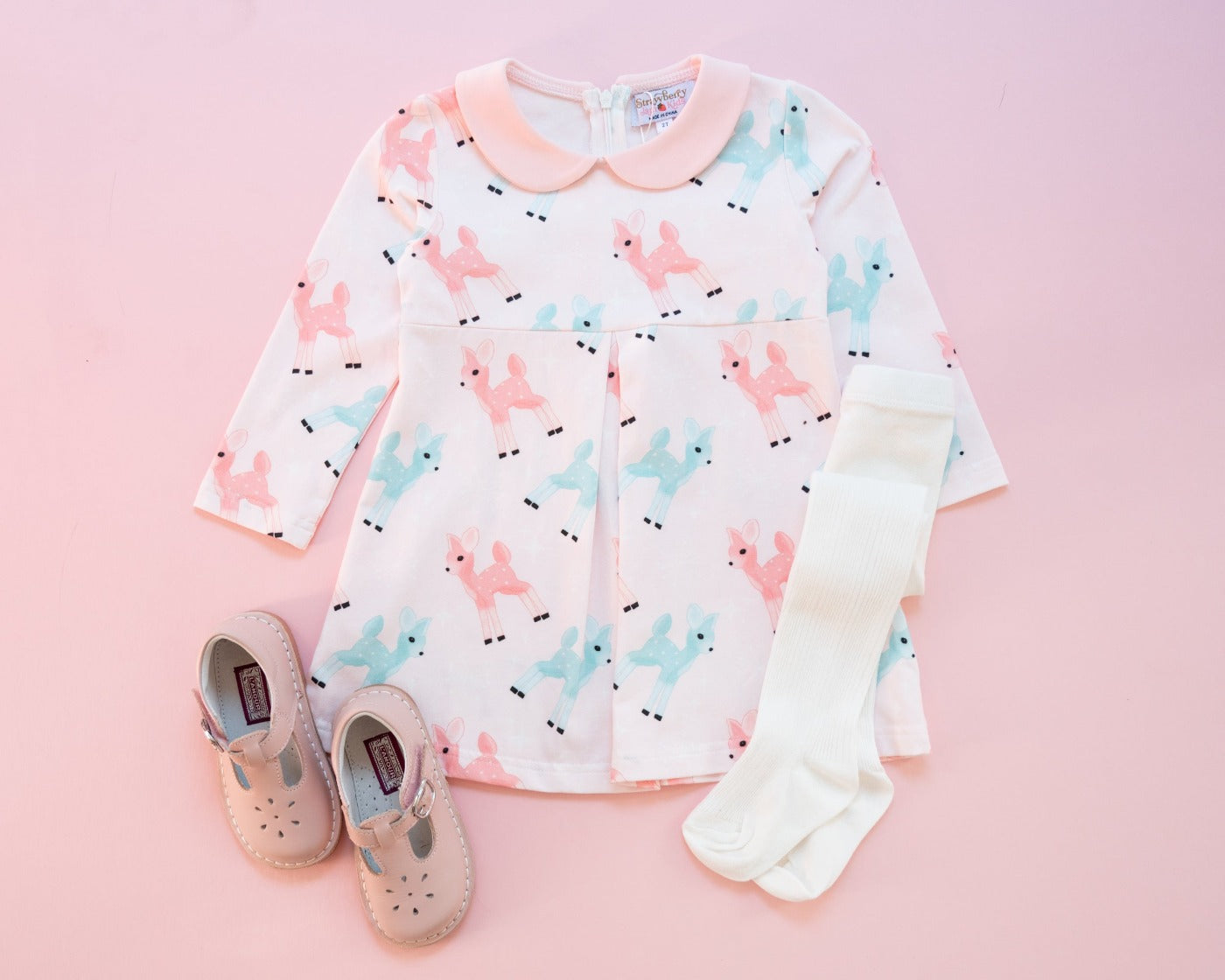 Retro Pink And Teal Deer Winter Peter Pan Collar Dress