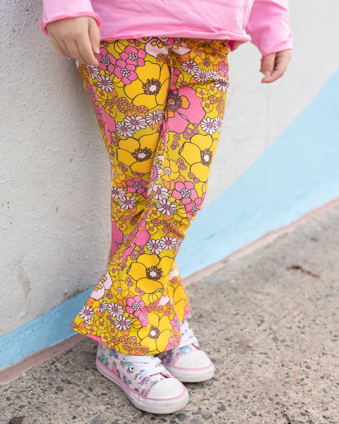 Pink And Yellow Flower Power Jersey Bell Bottoms Flare Leggings For Babies, Toddlers And Girls