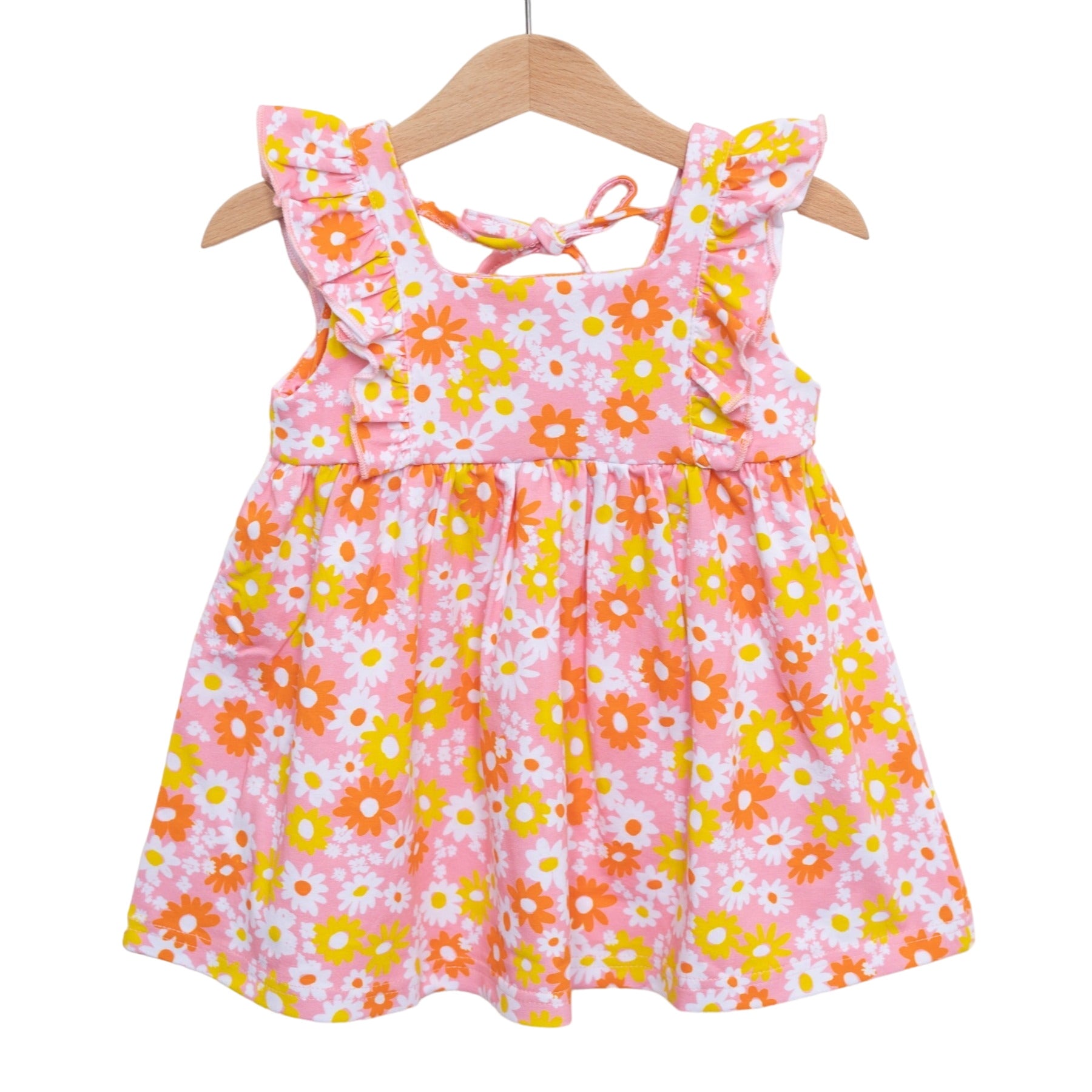 Pink And Yellow Floral Tie Back Flutter Colorful Vintage Dress Toddler Girls