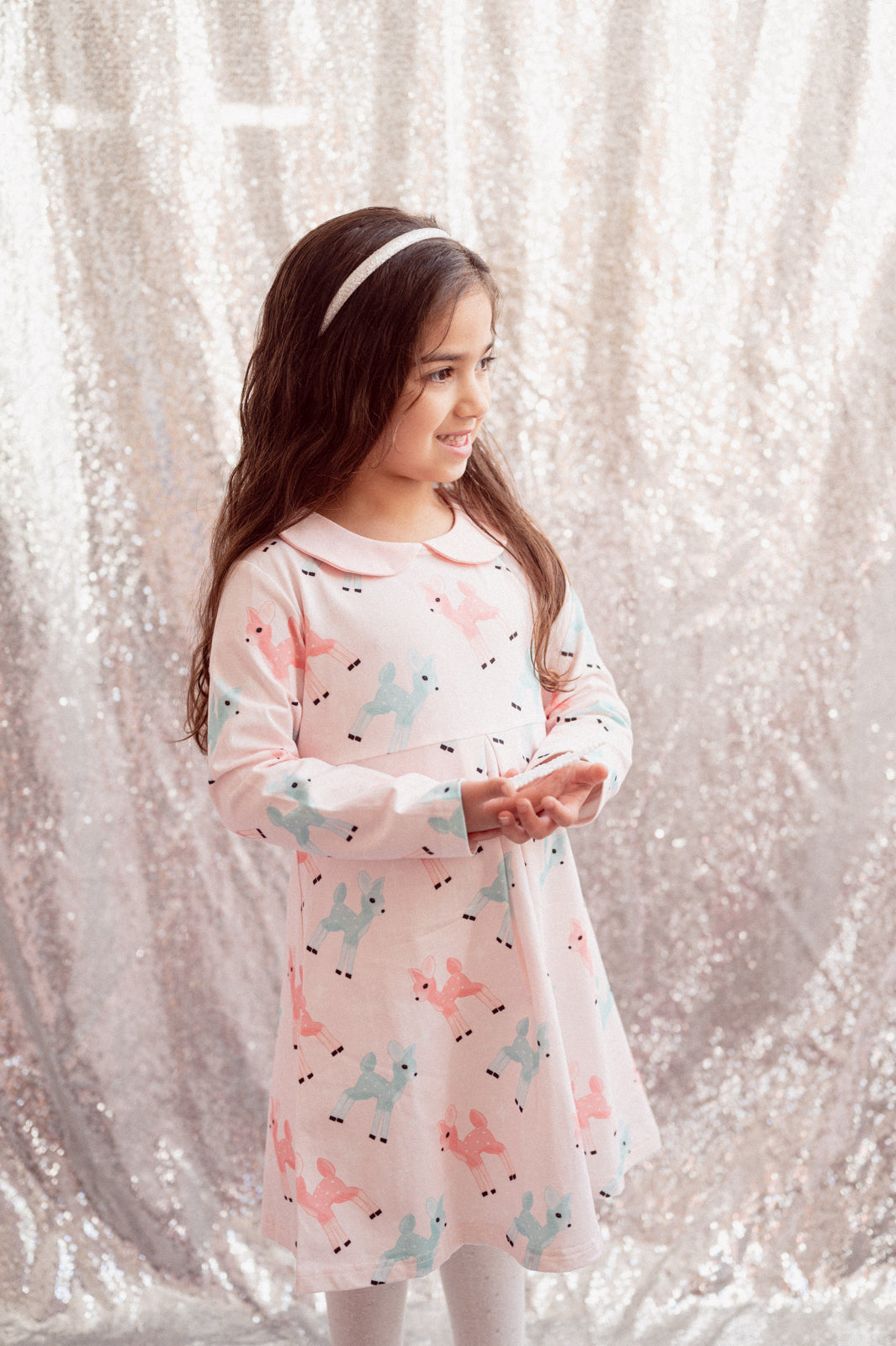 Retro Pink And Teal Deer Winter Peter Pan Collar Dress
