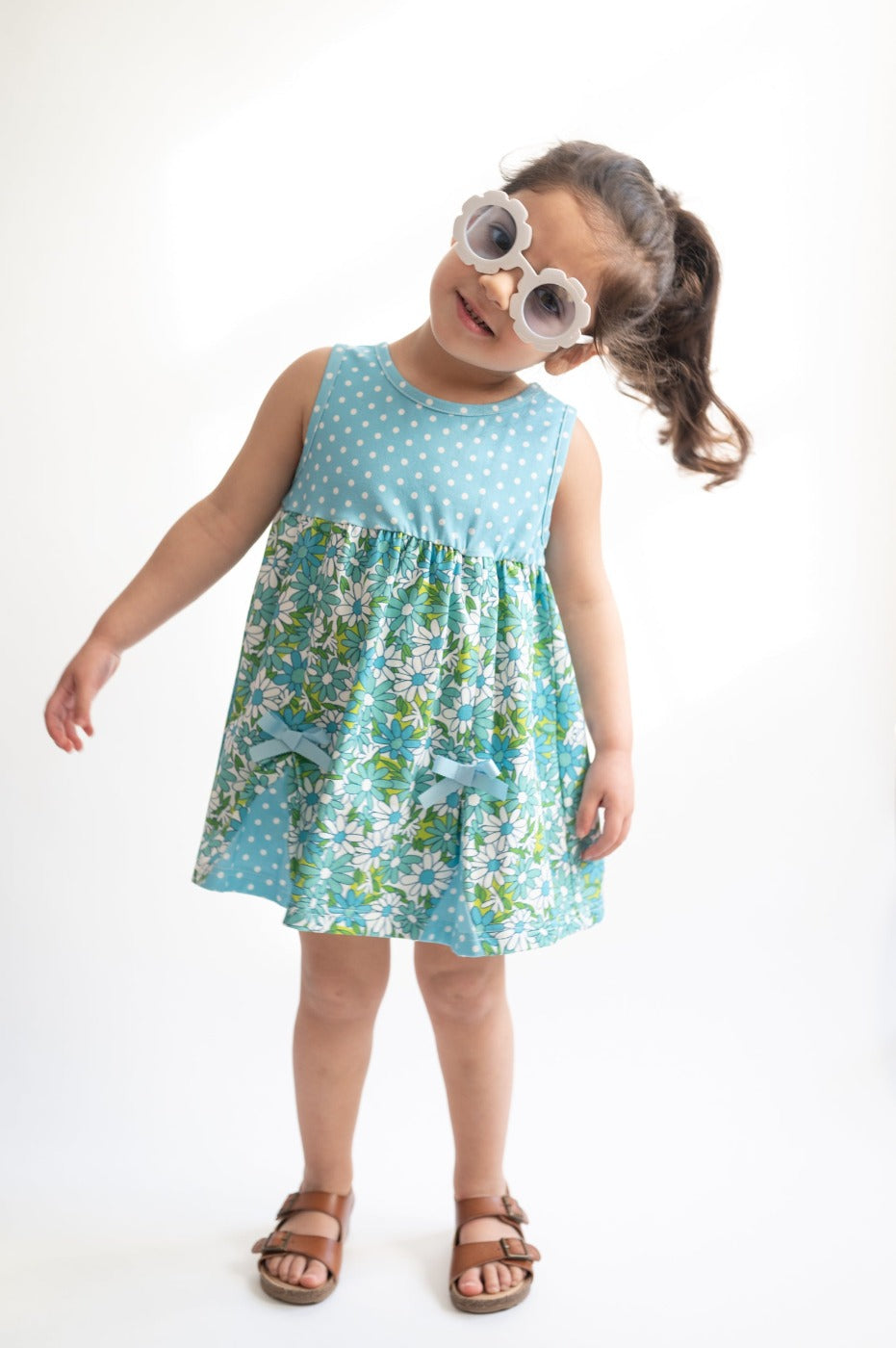 Blue Flower Power And Polka Dot Dress For Baby And Toddler Girls