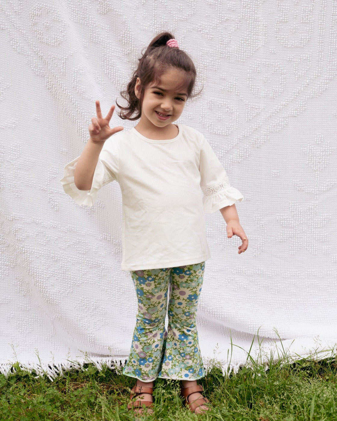 Green And Blue Flower Power Jersey Knit Bell Bottoms For Babies, Toddlers And Girls