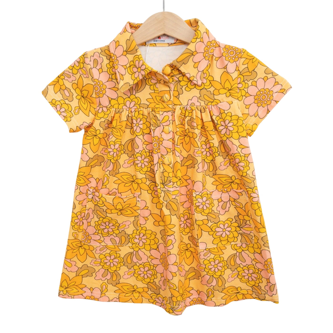 Seventies Yellow Retro Floral Collar Dress For Toddlers And Girls