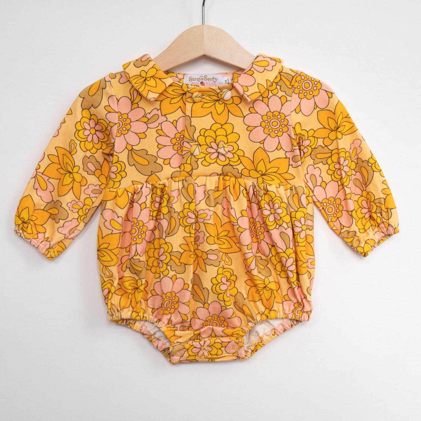 Seventies Yellow Retro Floral Collar Romper For Babies