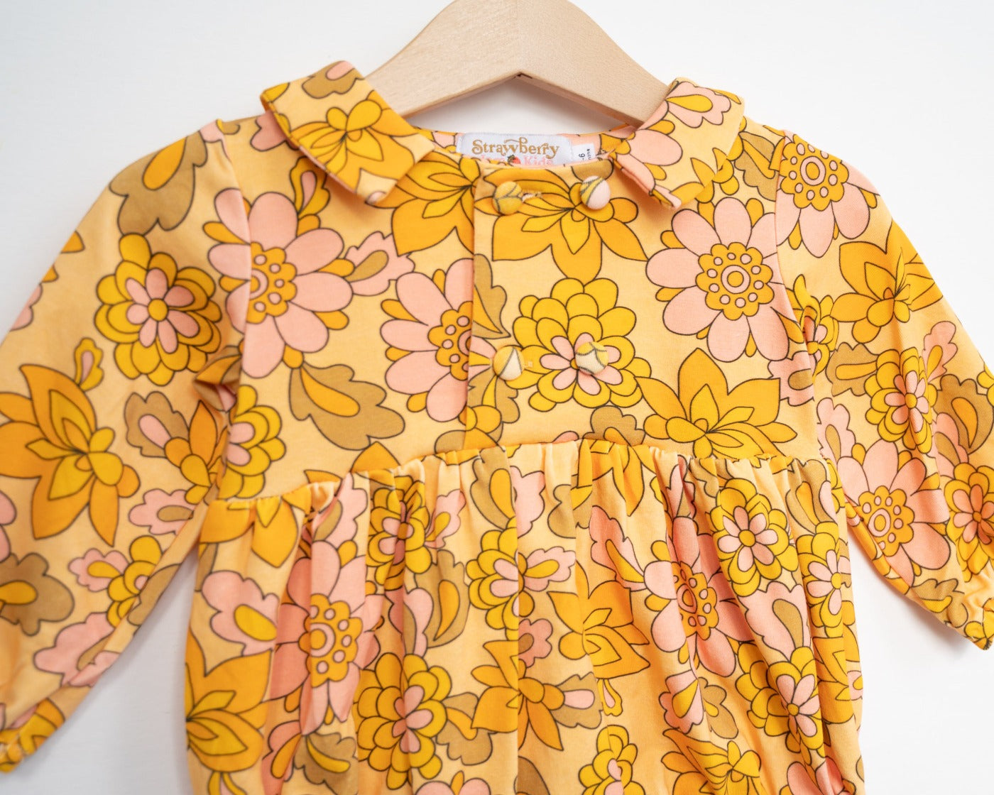 Seventies Yellow Retro Floral Collar Romper For Babies