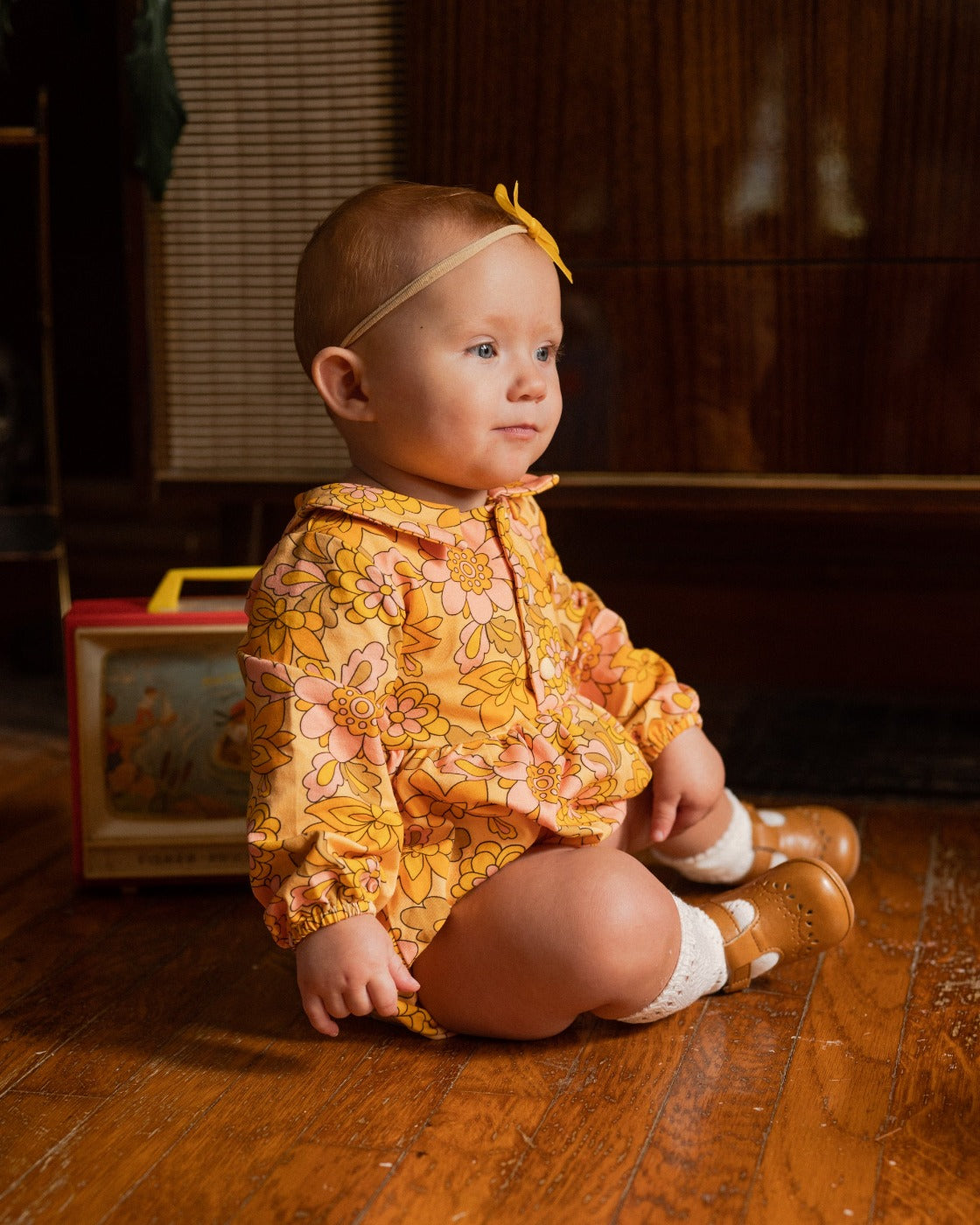 Seventies Yellow Retro Floral Collar Romper For Babies