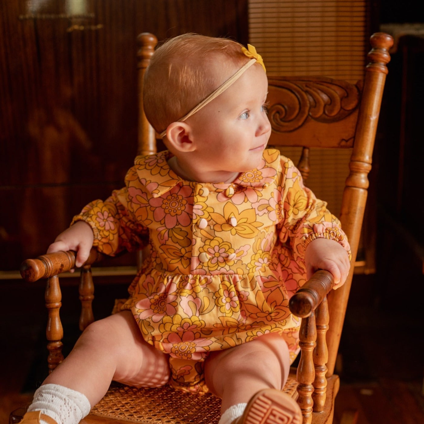 Seventies Yellow Retro Floral Collar Romper For Babies