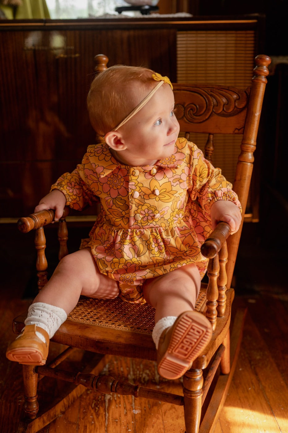 Seventies Yellow Retro Floral Collar Romper For Babies