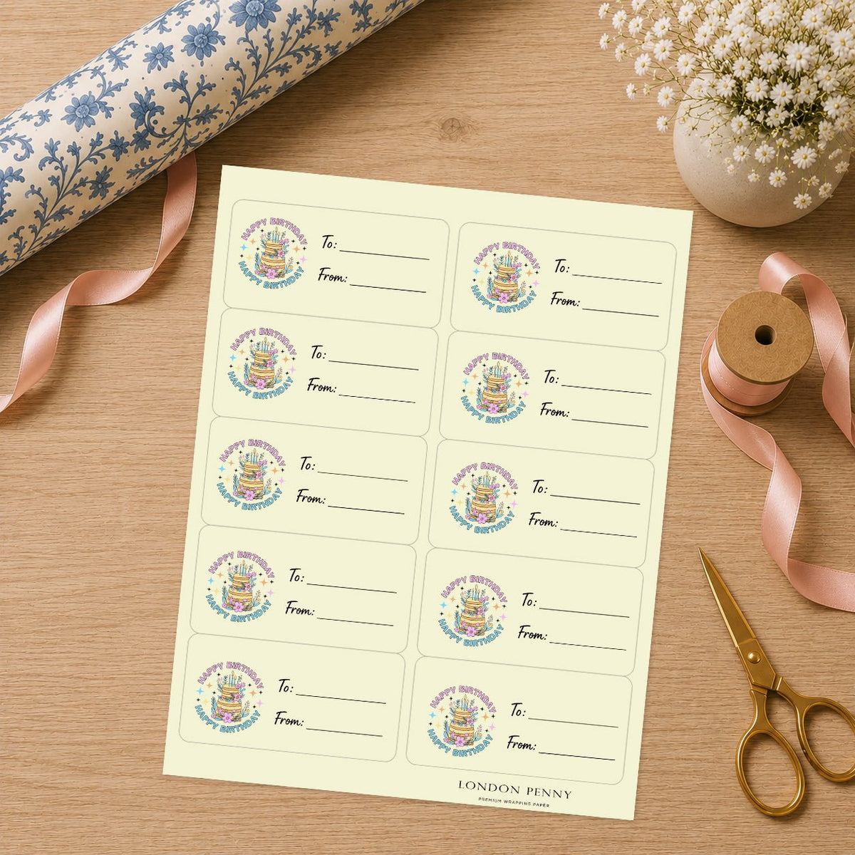 Cake & Birthday Blooms Gift Tag Sticker Sheet