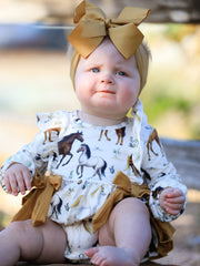 Western Horse Girls Romper Bow Ruffle Long Sleeve