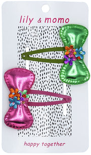 Carnival Bows Kids Hair Clips- Pink And Green