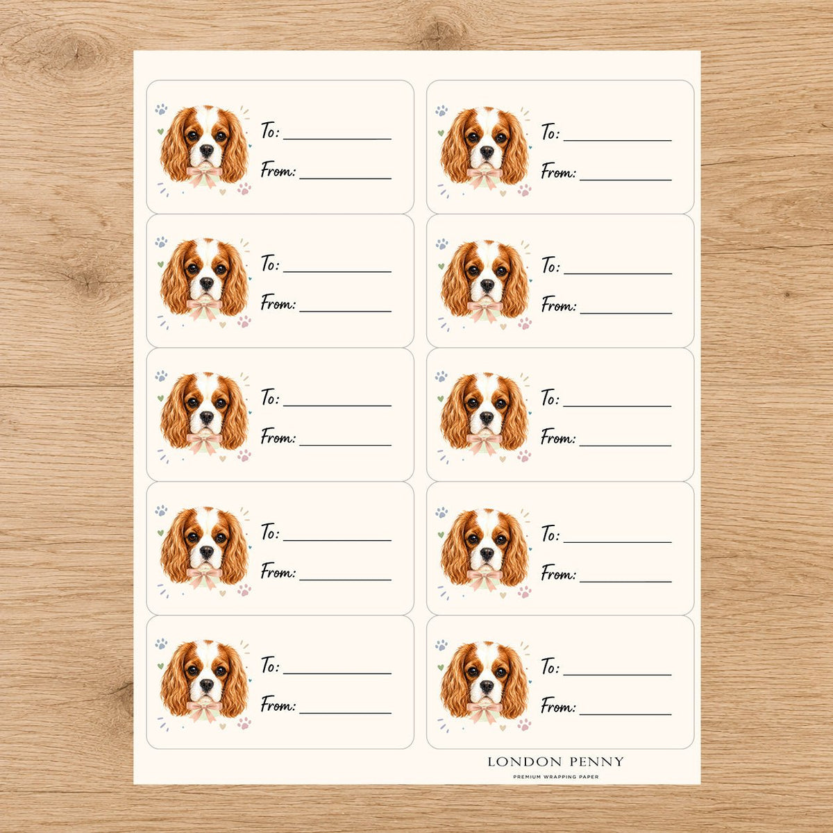 Cavalier King Charles Spaniel Paws & Bows Gift Tag Sticker Sheet