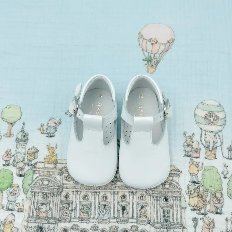 Charlie- White Leather Baby T-bar Shoes