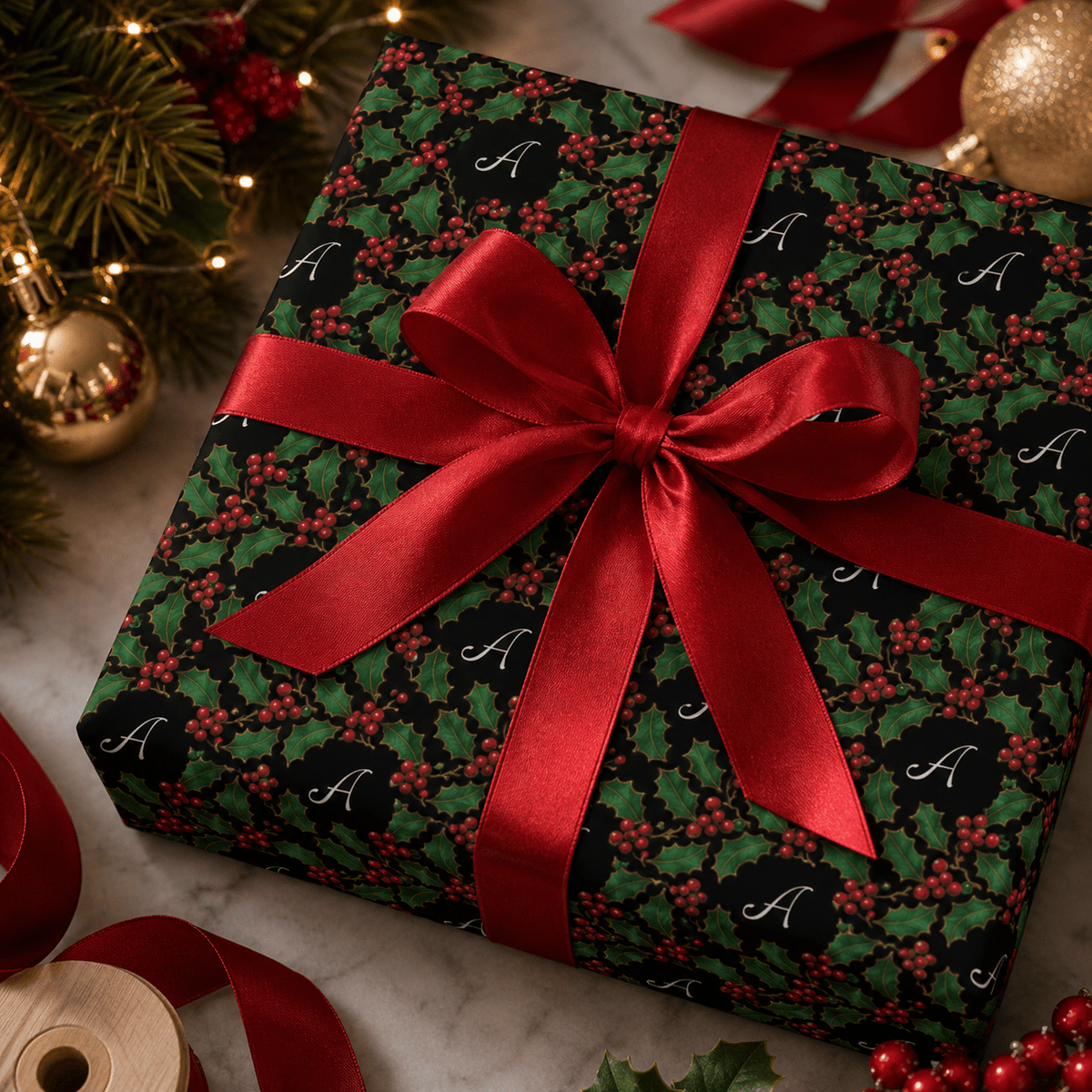 Personalized Victorian Holly Monogram Wrapping Paper | Custom Gift Wrap