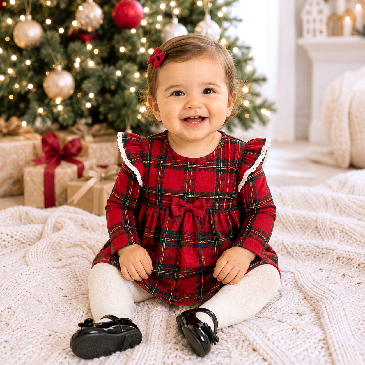 Christmas Bamboo Baby Skirted Bodysuit – Red Holiday Tartan Plaid