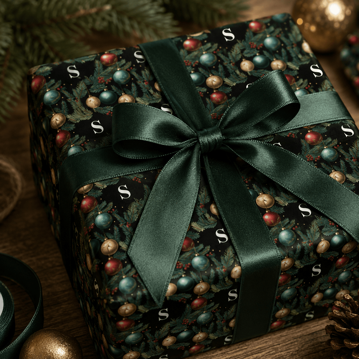 Personalized Fir & Frost Holiday Monogram Wrapping Paper | Custom Gift Wrap