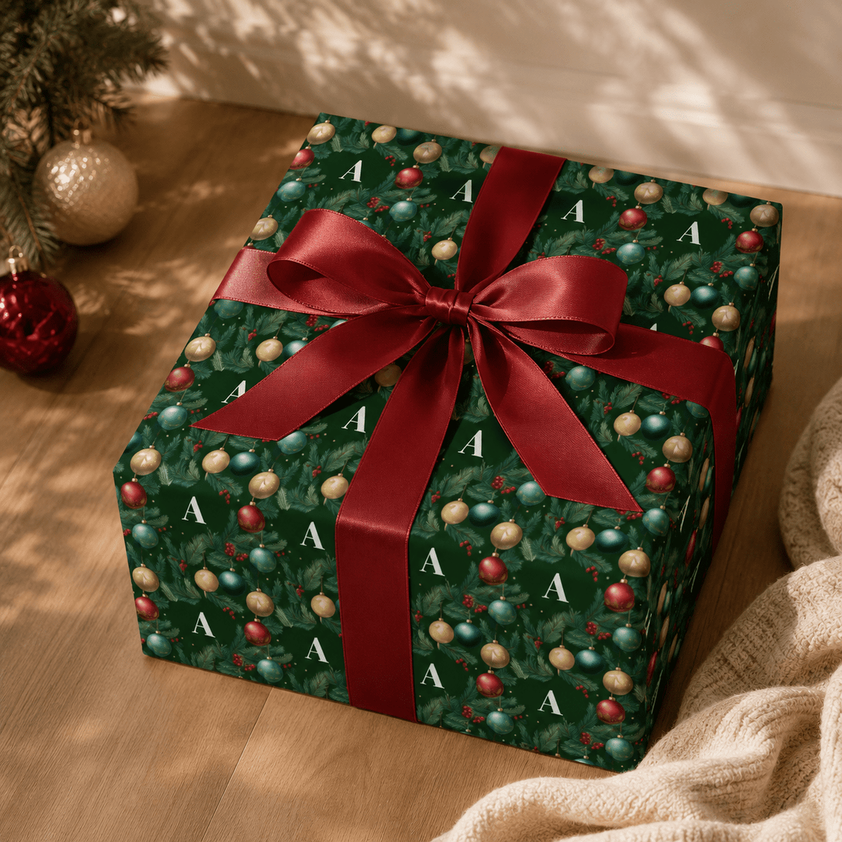 Personalized Fir & Frost Holiday Monogram Wrapping Paper | Custom Gift Wrap