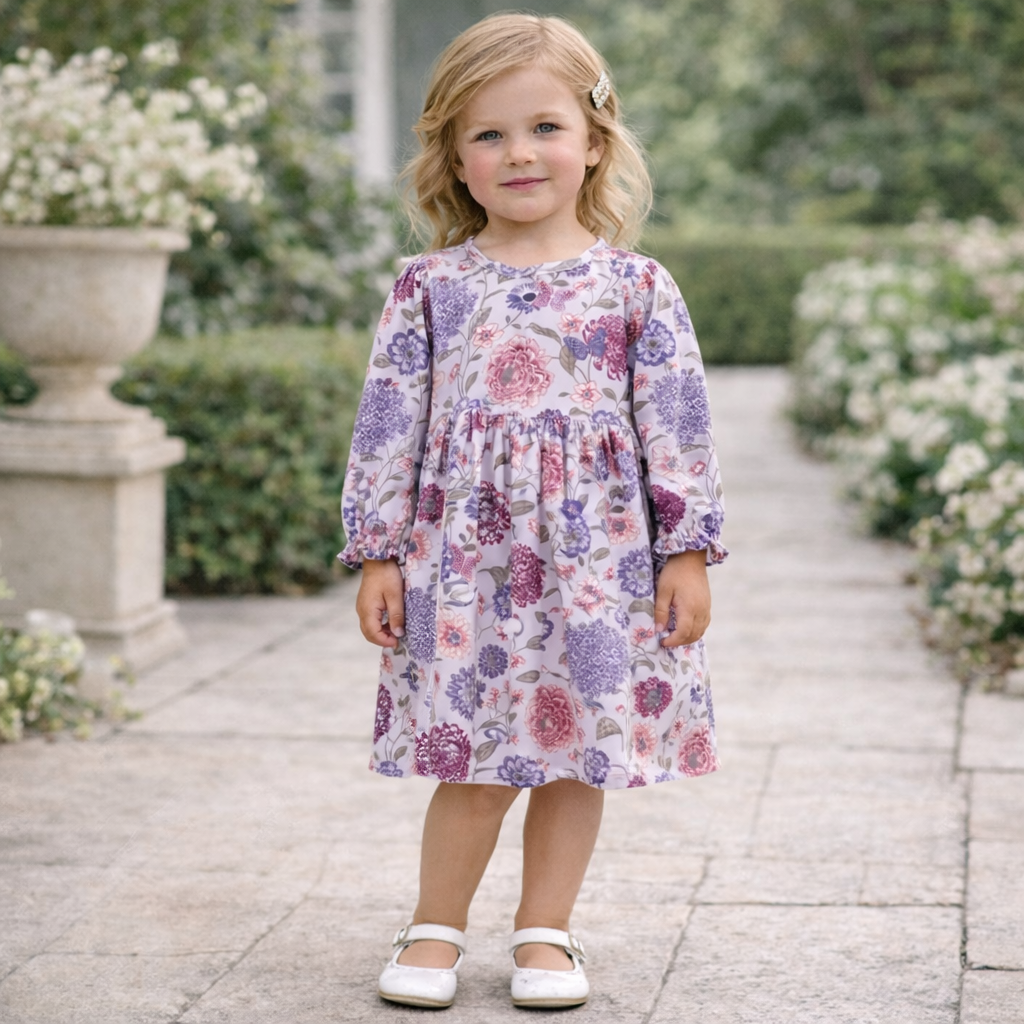 Floral Long Sleeve Girls Dress – Bamboo Cotton Vintage Bloom