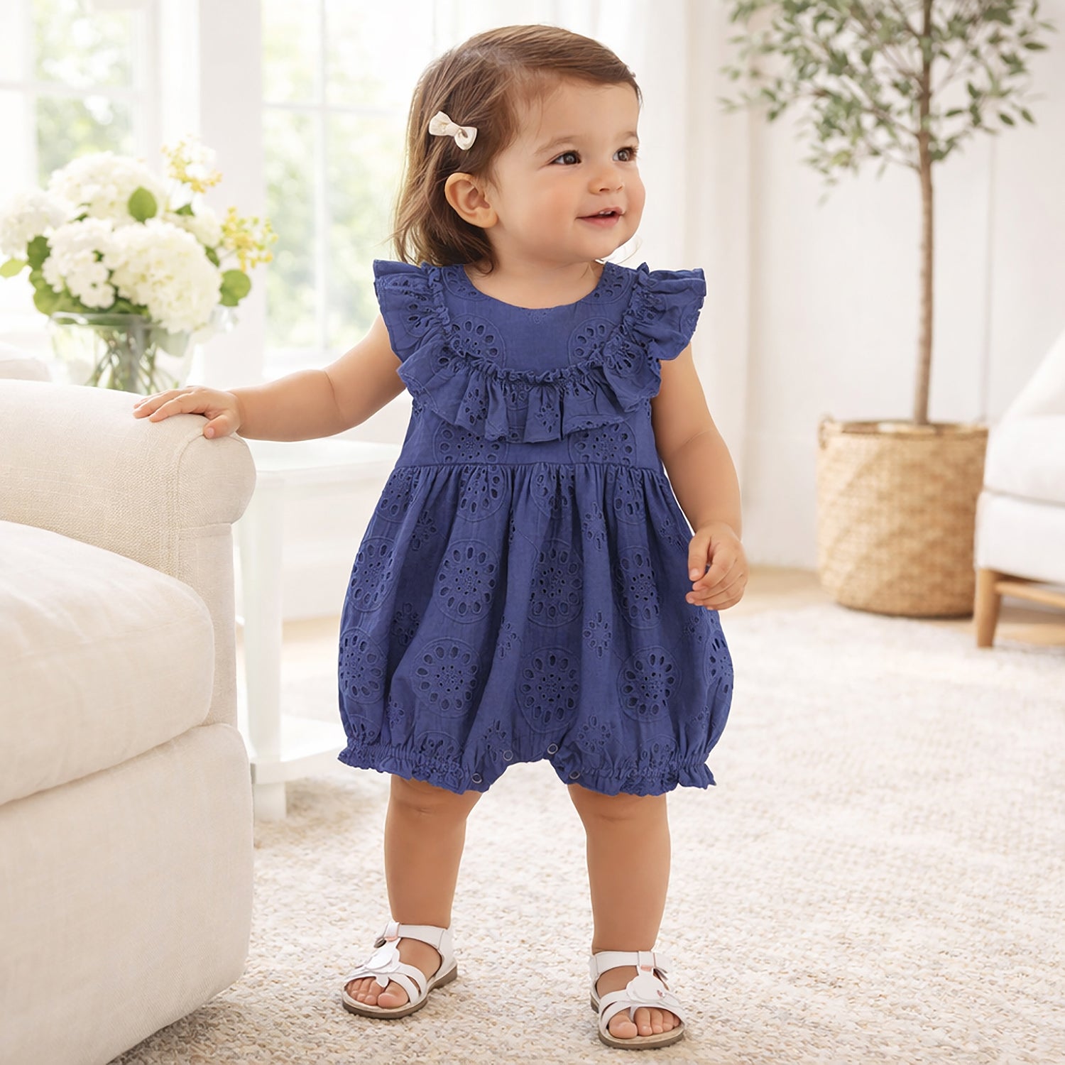 Baby Eyelet Romper Blue Cotton Ruffle One-piece For Girls