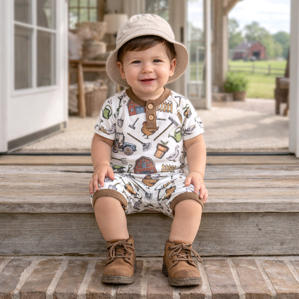 Farmer's Market Baby Boy Shorty Romper–soft Bamboo One Piece