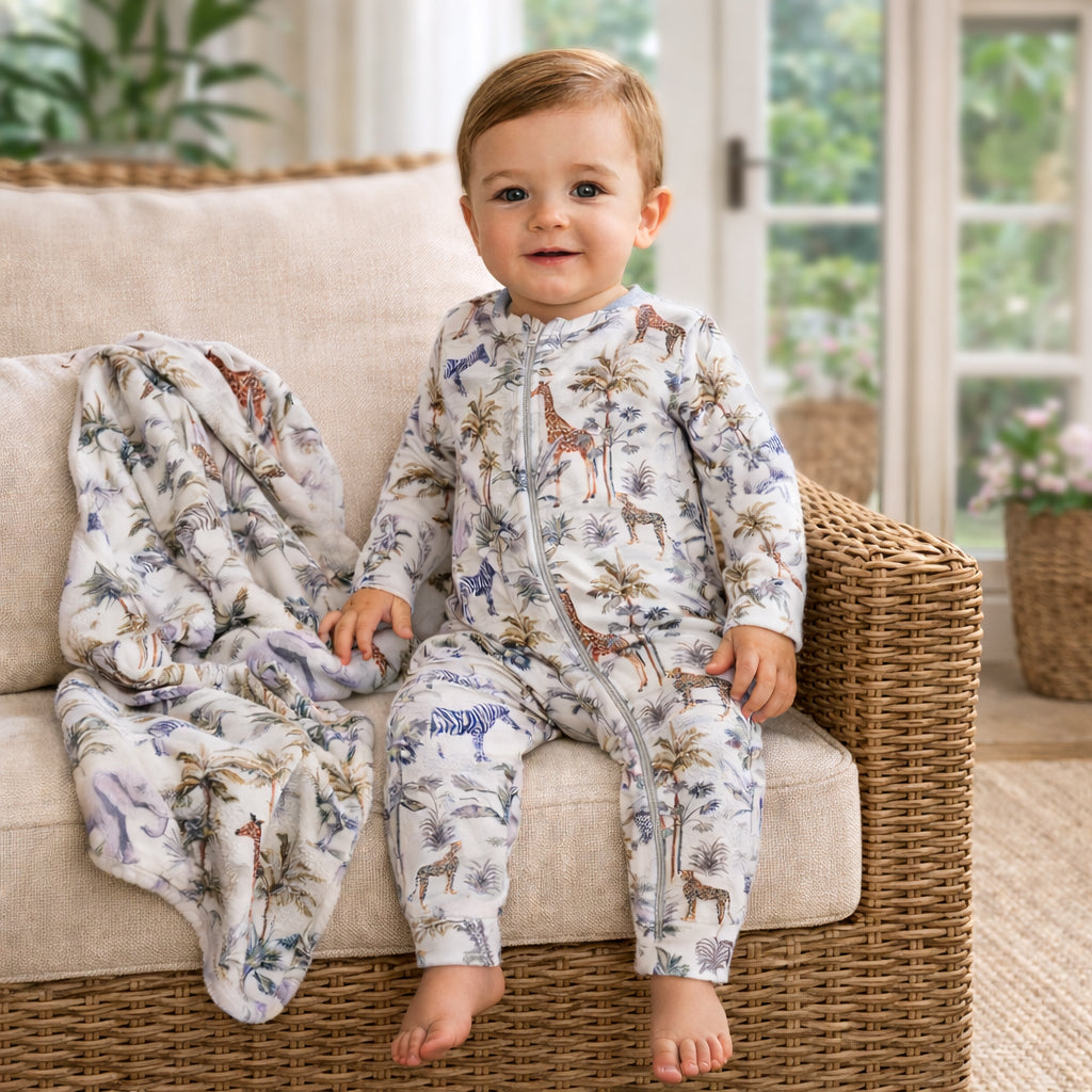 Jungle Safari Bamboo Zipper Romper With Convertible Cuffs