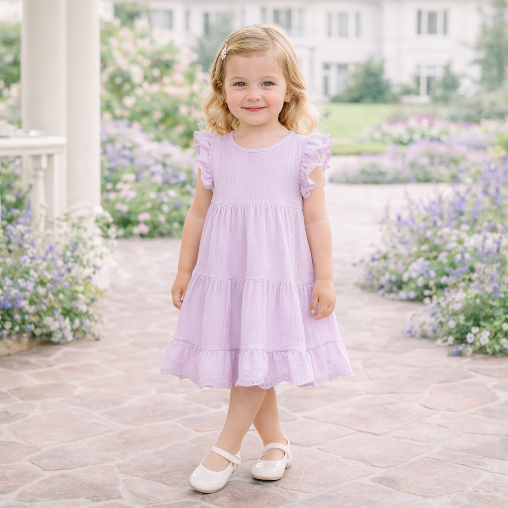 Lavendar Gauze Girl's Dress W/eyelet Flutter Sleeves