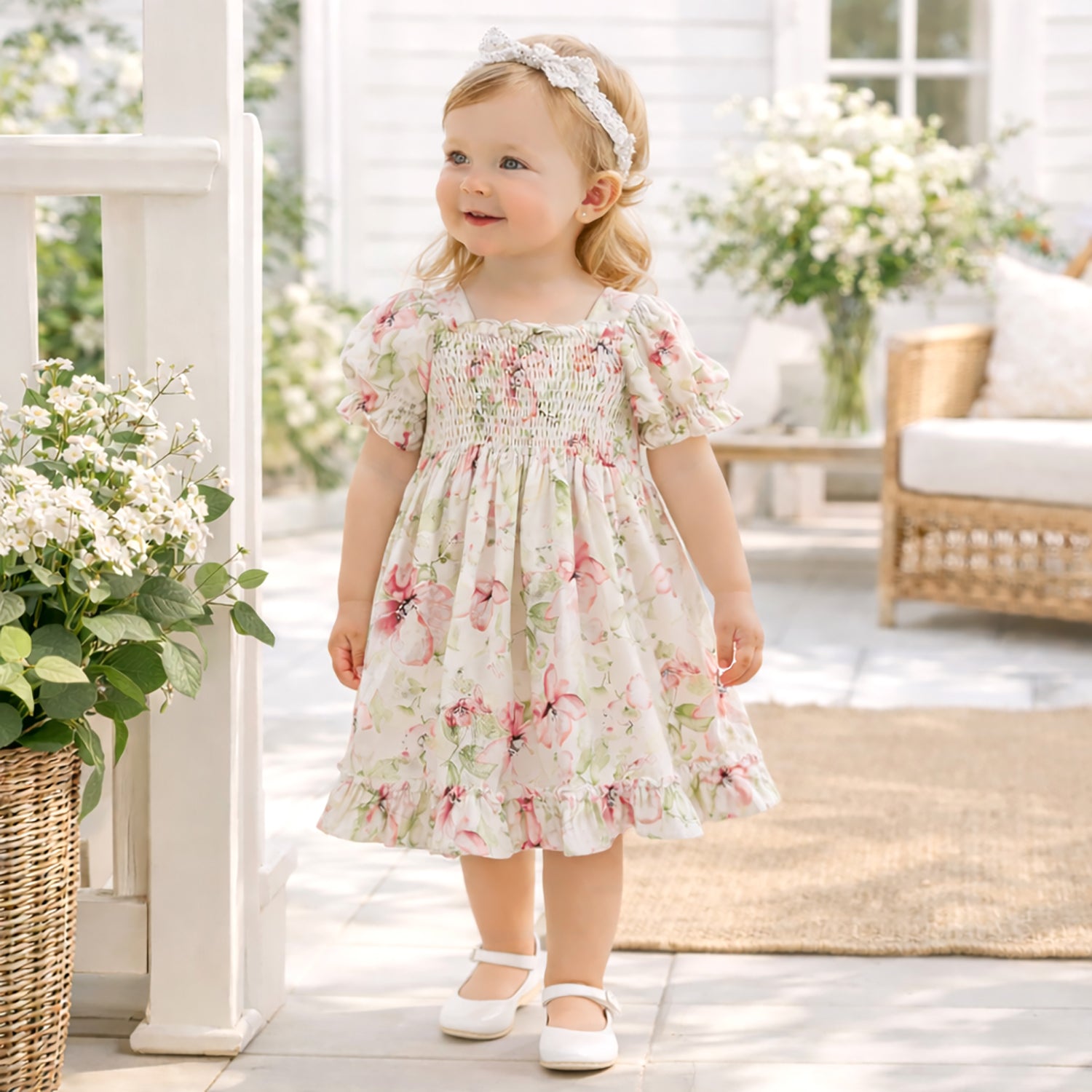 Blush Bouquet Smocked Puff Sleeve Dress