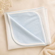 100% Pima Cotton Reversible Blanket: White And Baby Blue With Niagra Blue Picot Trim
