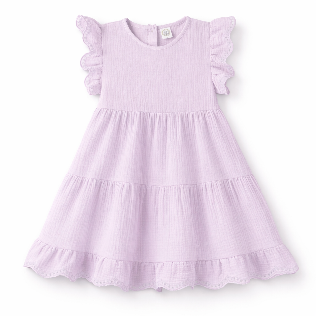 Lavendar Gauze Girl's Dress W/eyelet Flutter Sleeves
