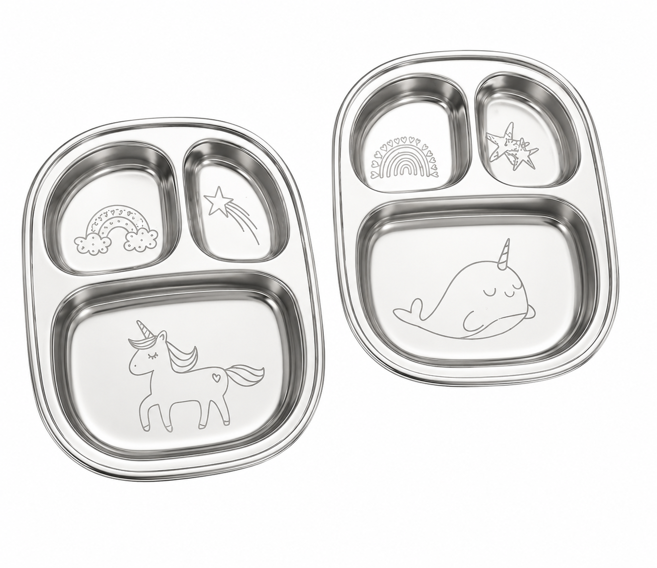 Stainless Steel Divided Plates For Kids — Unicorn Design | Set Of 2