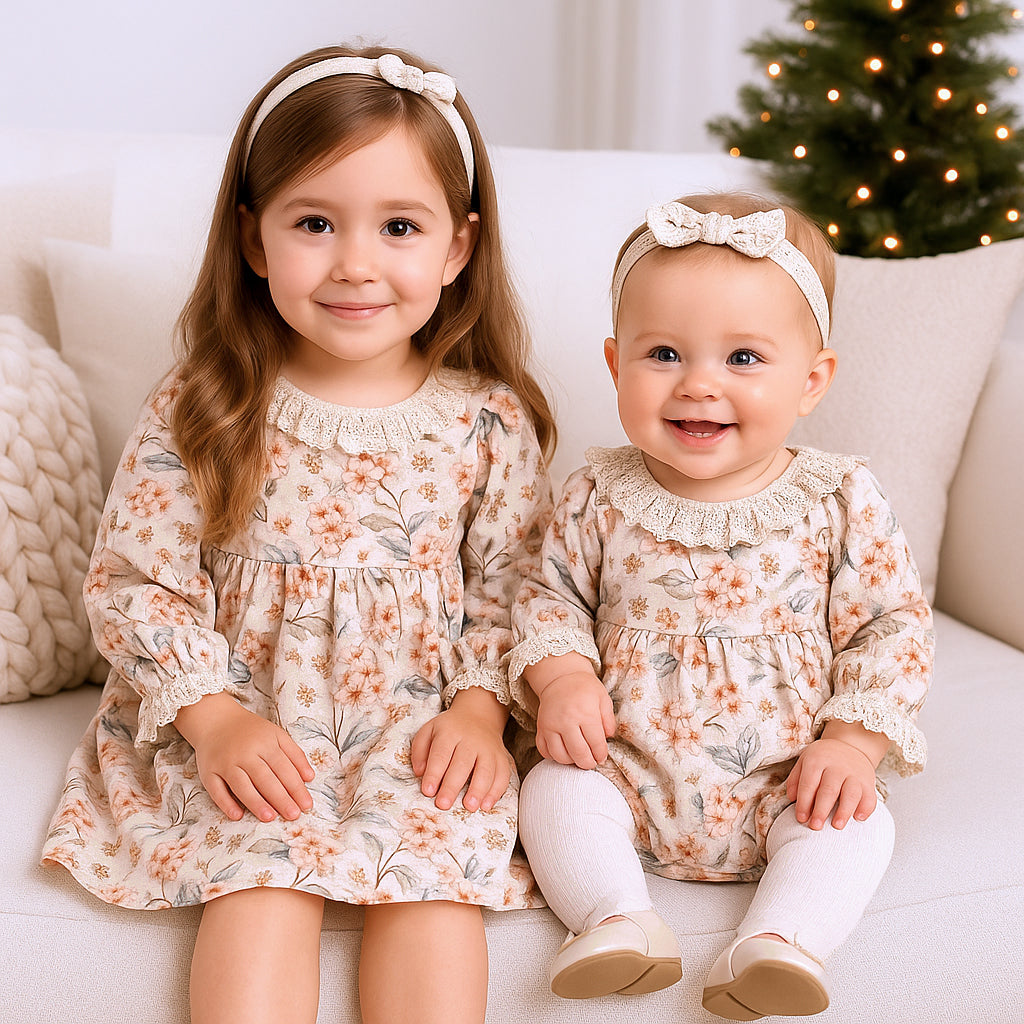 Vivian Girl's Woven Floral Dress With Lace Accents