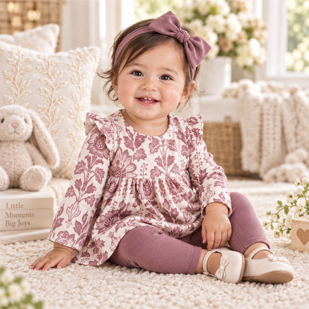 Floral Tapestry Baby Girl Set-bamboo Top & Cotton Pants