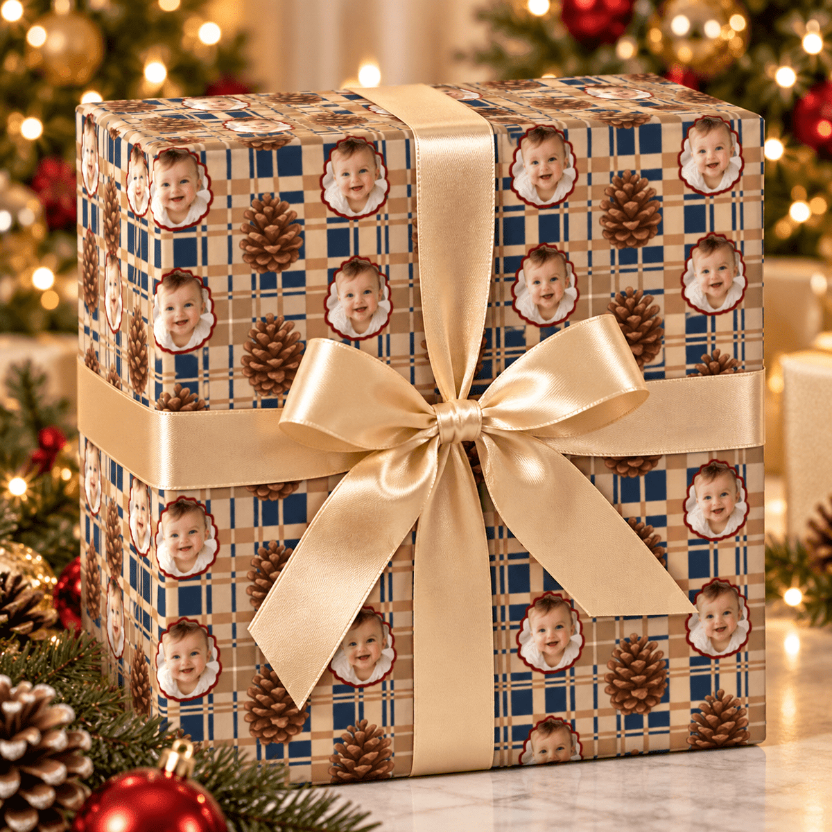 Personalized Plaid & Pinecones Wrapping Paper | Custom Gift Wrap