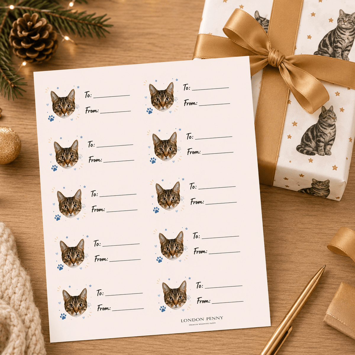Personalized Cat Paw Print Wishes Gift Tag Sticker Sheet