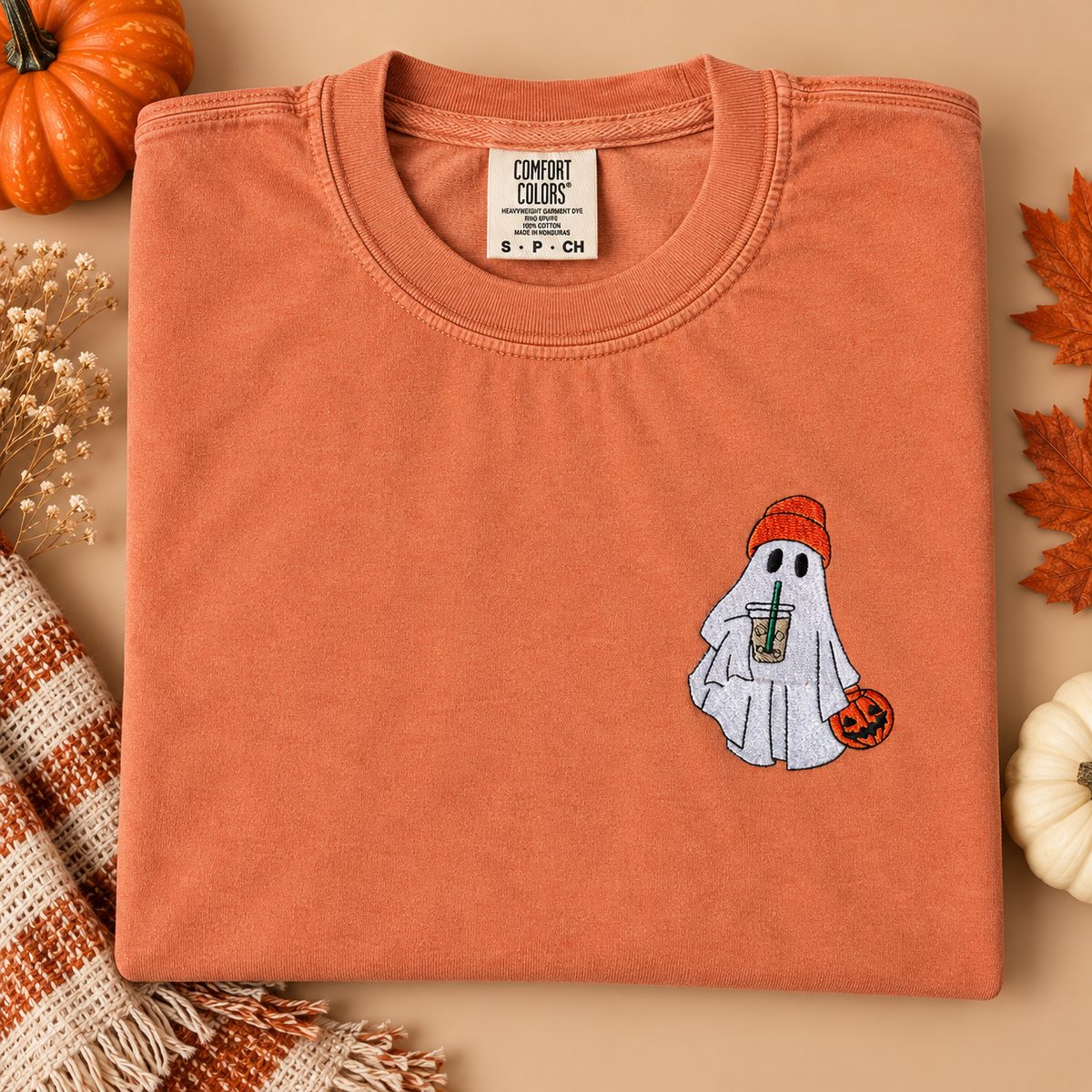 Adult Embroidered Iced Coffee Ghost Comfort Colors Tee - More Colors