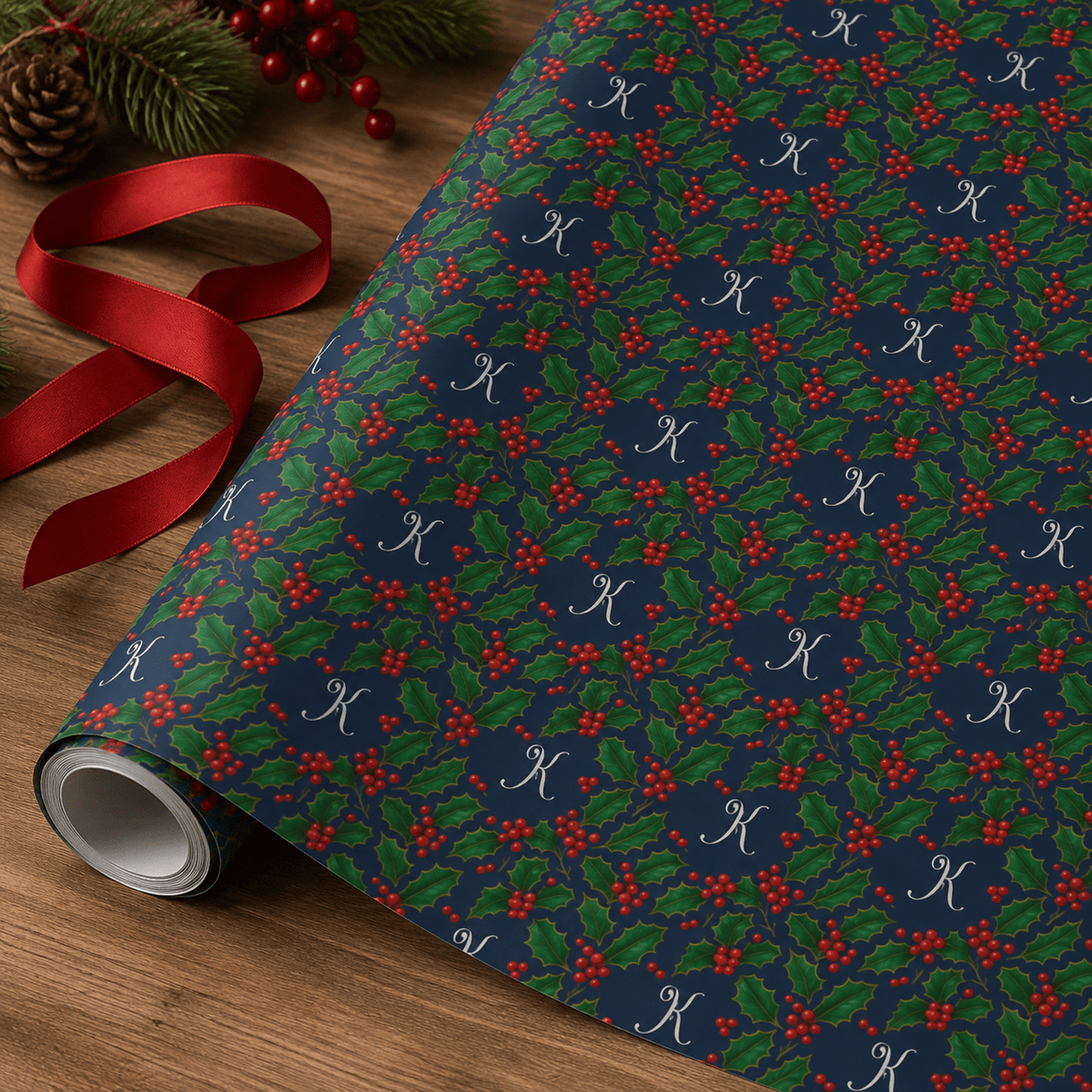 Personalized Victorian Holly Monogram Wrapping Paper | Custom Gift Wrap