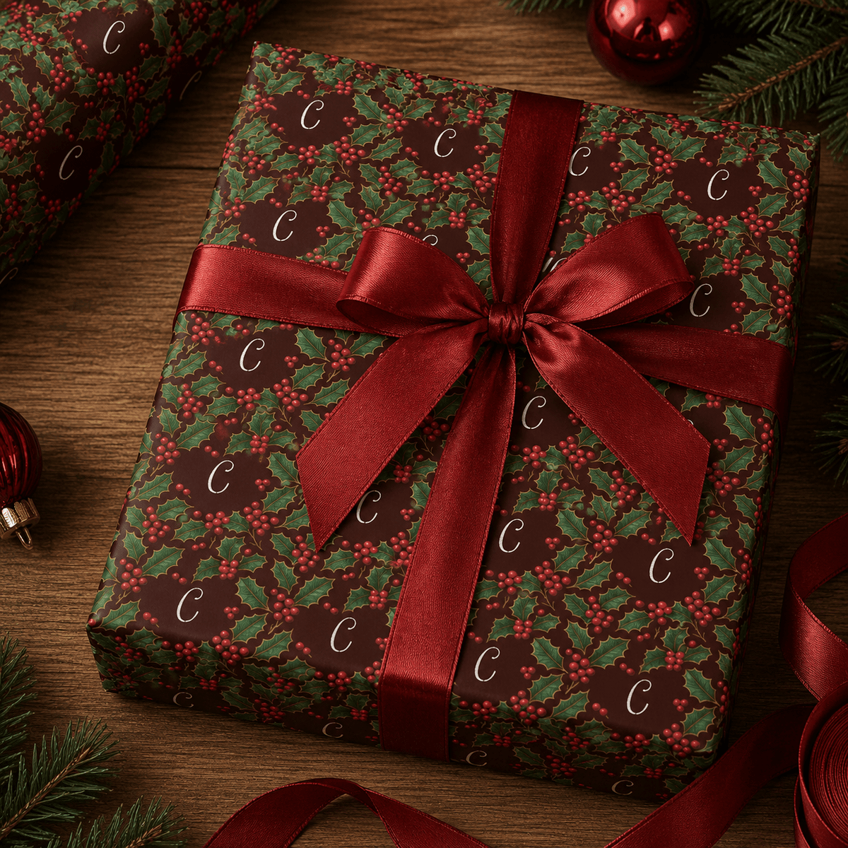 Personalized Victorian Holly Monogram Wrapping Paper | Custom Gift Wrap