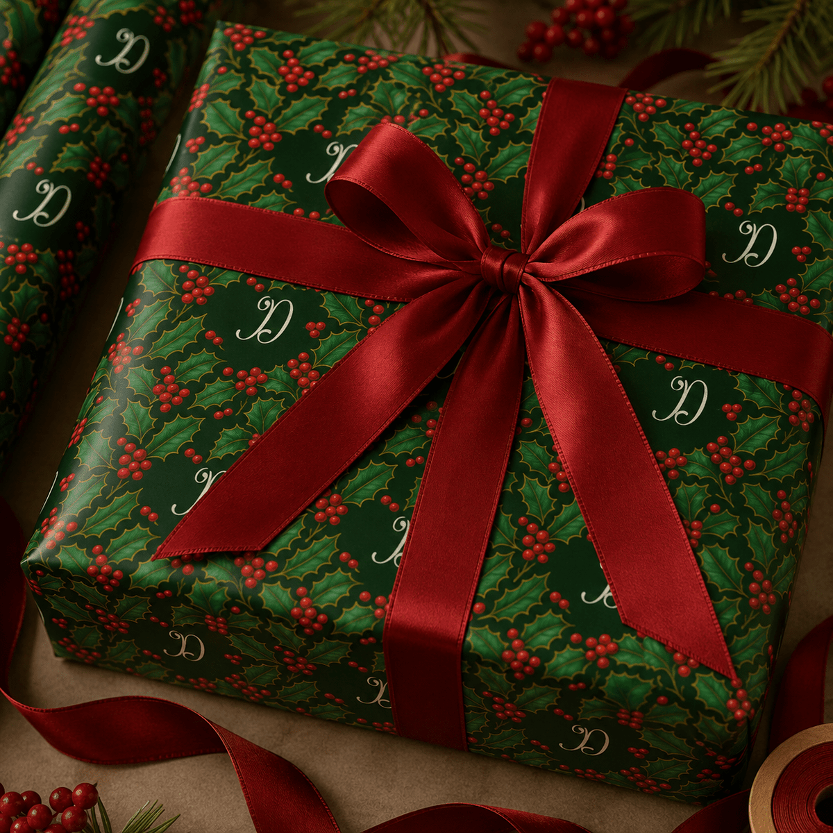 Personalized Victorian Holly Monogram Wrapping Paper | Custom Gift Wrap