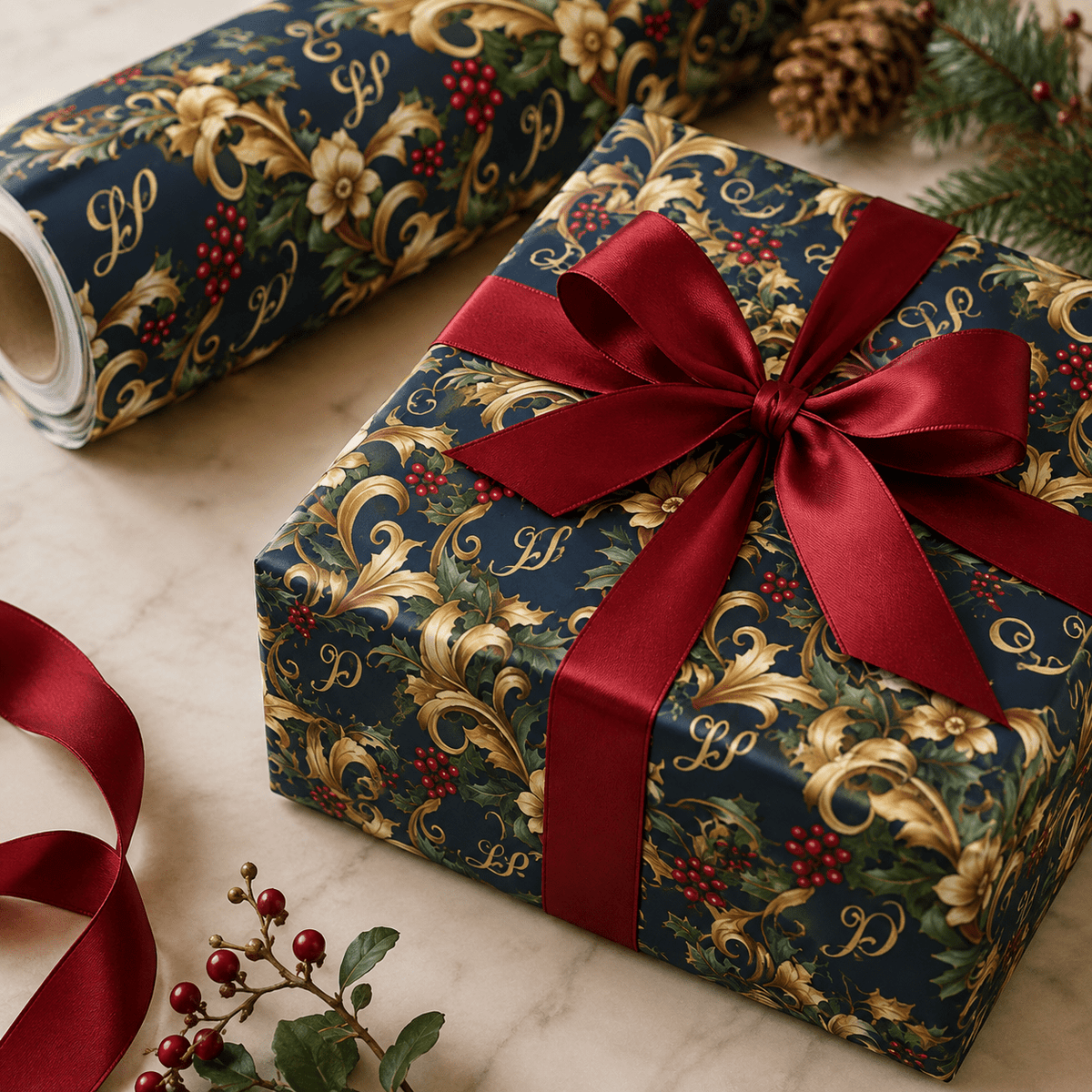 Personalized Baroque Evergreen Wrapping Paper | Custom Gift Wrap