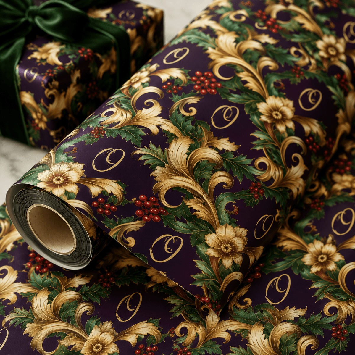 Personalized Baroque Evergreen Wrapping Paper | Custom Gift Wrap