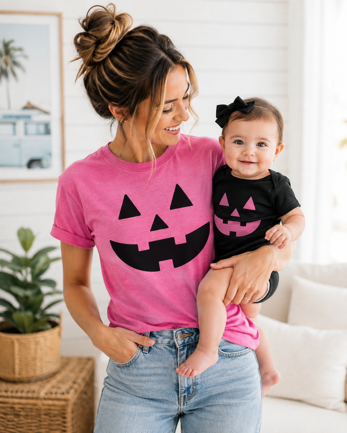 Neon Pink On Black Jack-o-lantern Onesie - See Matching Options!