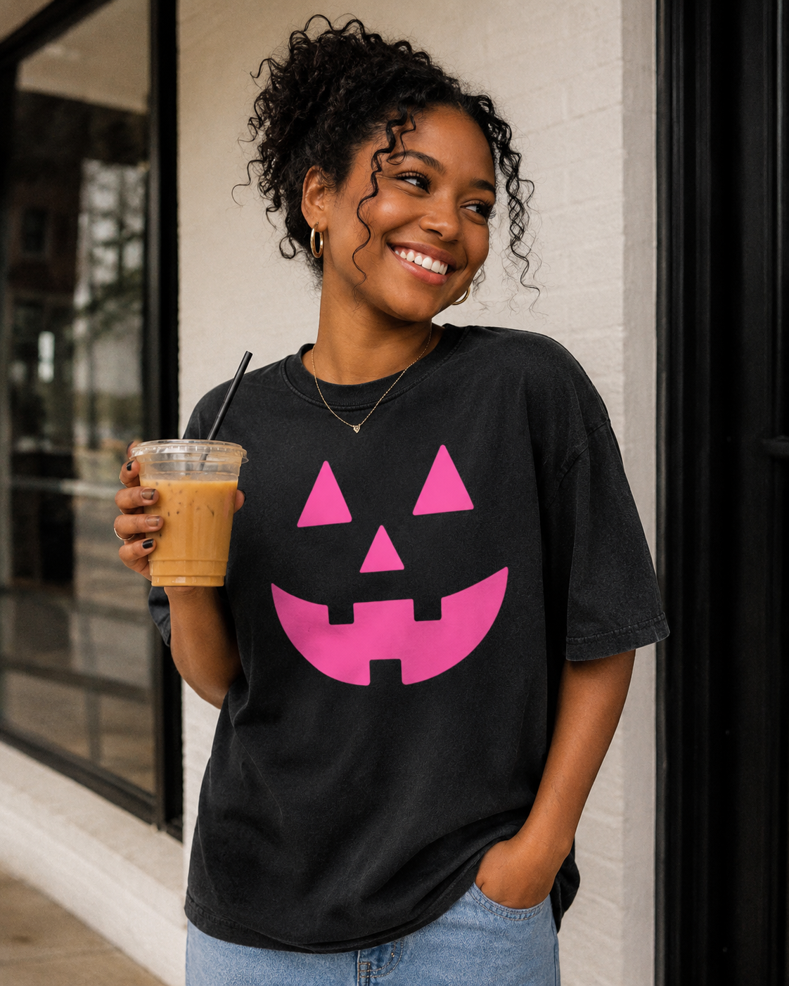 Neon Pink Jack-o-lantern On Black - See Matching Mini!